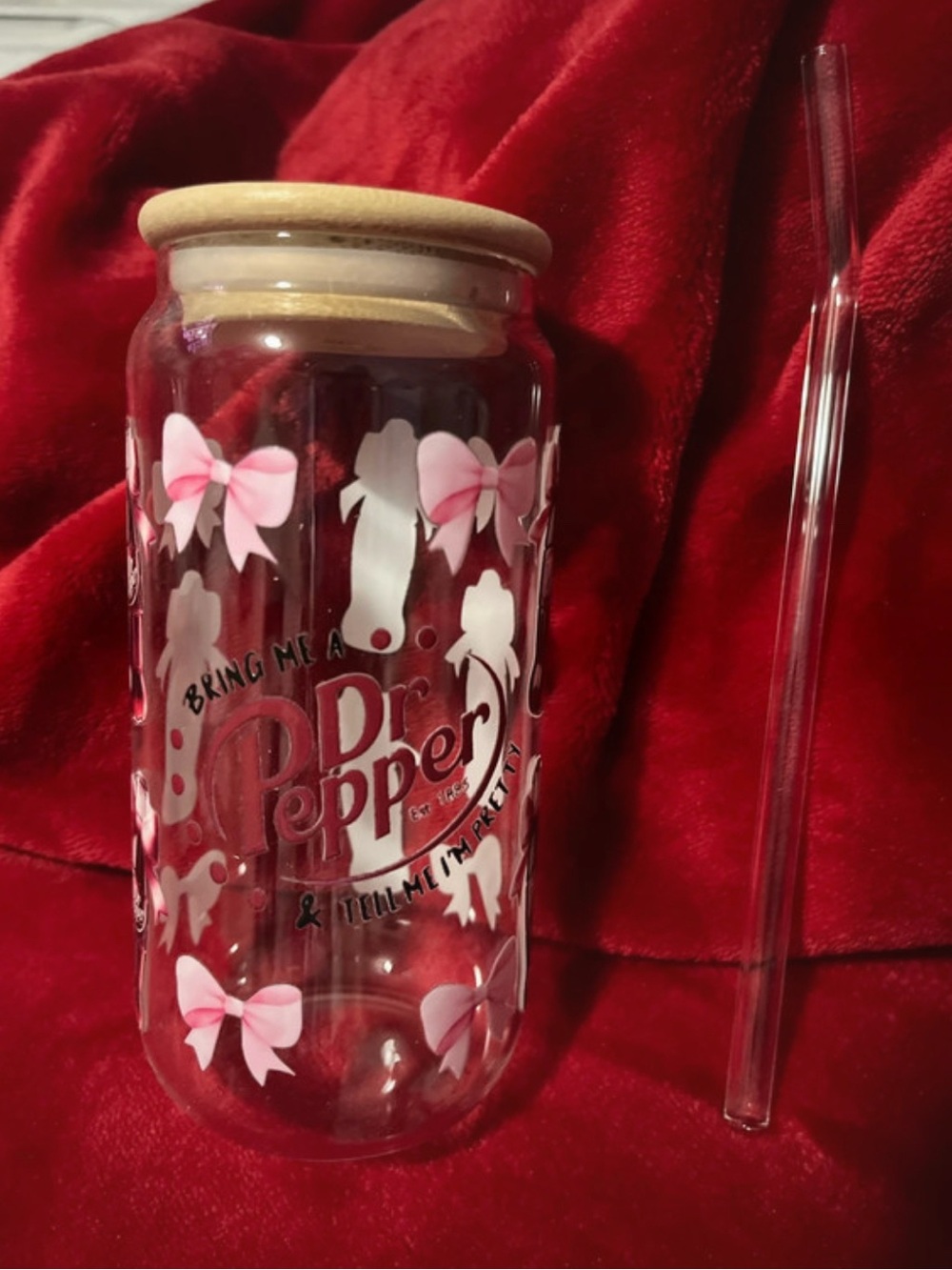 Hand Crafted Pink Bow Dr Pepper Glass Tumbler with Wood-Look Lid